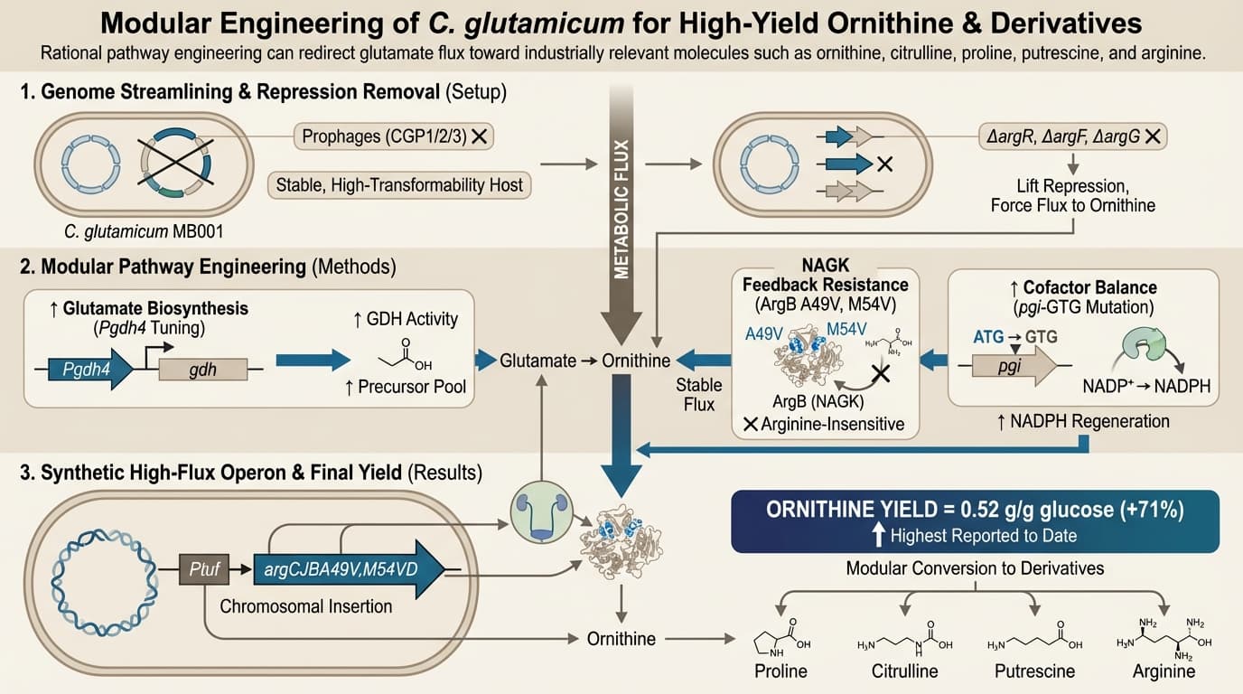 Minimal Modular Engineering of Corynebacterium glutamicum for High-Yield Ornithine Production